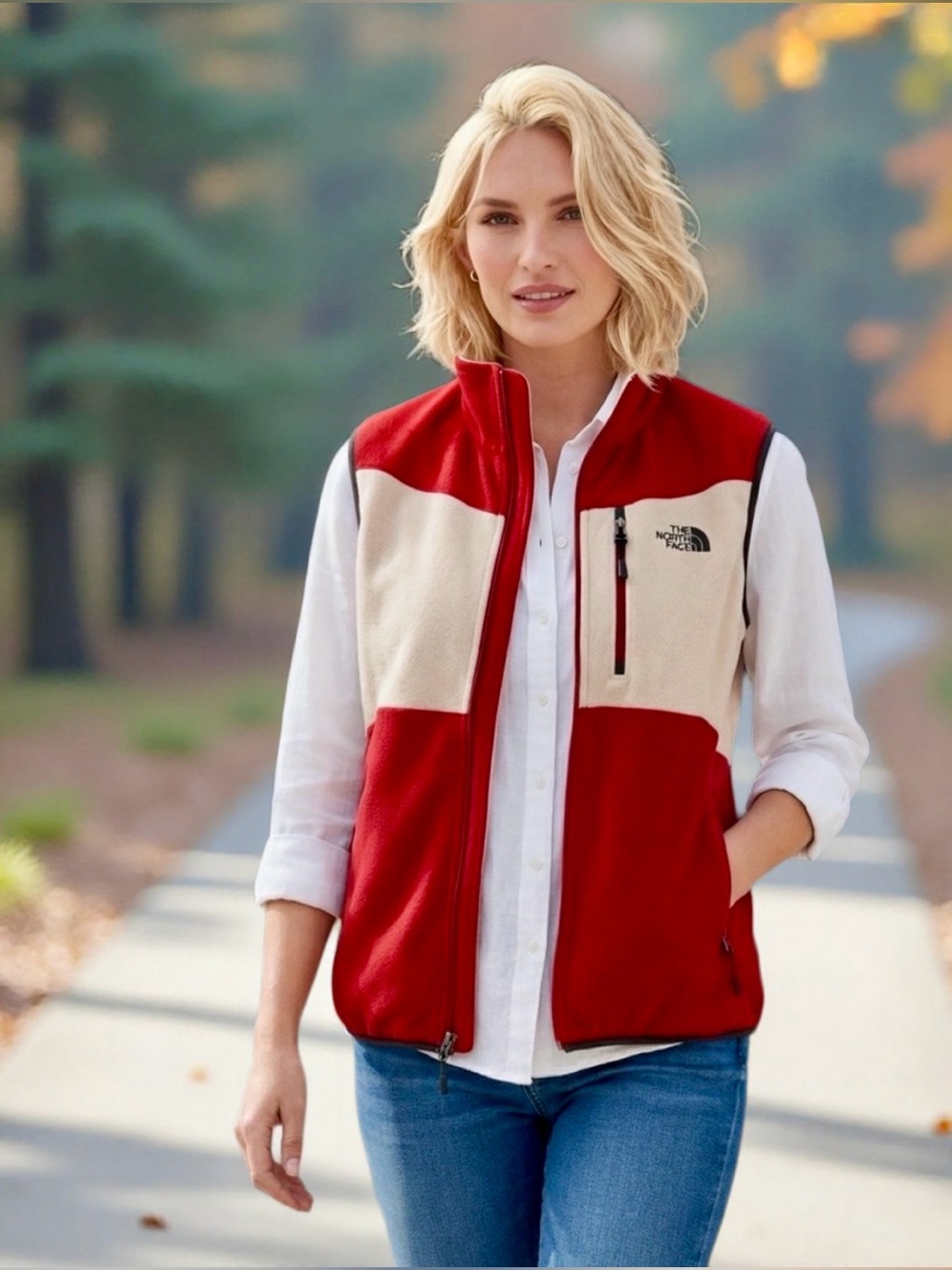 The North Face Fleece Vest Women’s Large Red Cream Full Zip Outdoor Casual